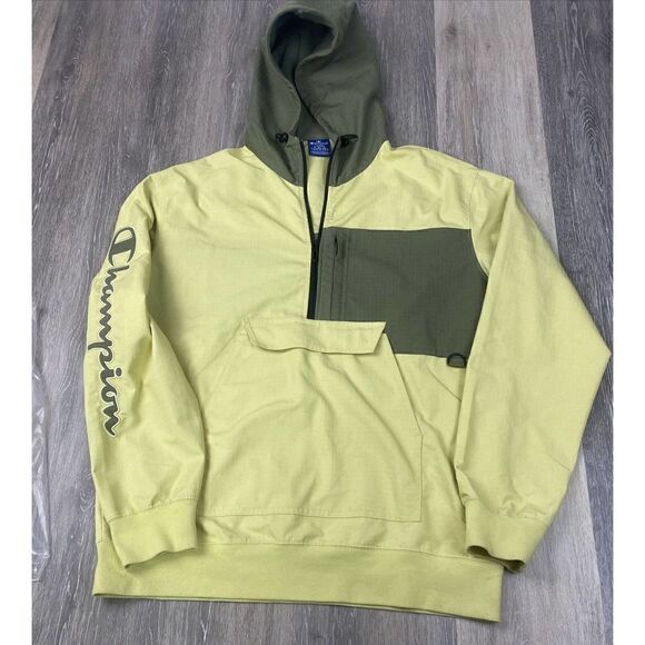 Champion‎ Jacket Pullover 1/2 Zip Windbreaker Large Lime & green- Hooded Ripstop - Picture 1 of 11